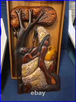 Wood Black FOLK ART Hand Carved Woman Child 22 1/2 Wood & Metal Plaque