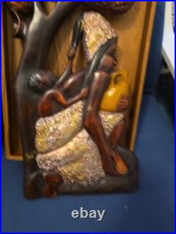 Wood Black FOLK ART Hand Carved Woman Child 22 1/2 Wood & Metal Plaque
