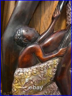 Wood Black FOLK ART Hand Carved Woman Child 22 1/2 Wood & Metal Plaque