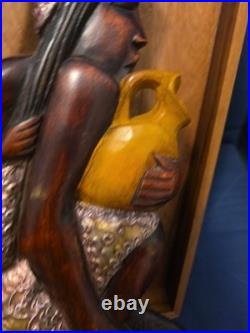 Wood Black FOLK ART Hand Carved Woman Child 22 1/2 Wood & Metal Plaque