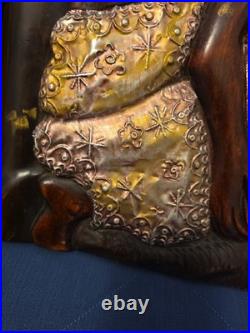 Wood Black FOLK ART Hand Carved Woman Child 22 1/2 Wood & Metal Plaque