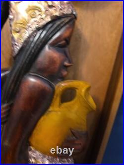 Wood Black FOLK ART Hand Carved Woman Child 22 1/2 Wood & Metal Plaque