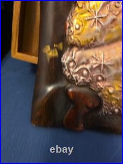 Wood Black FOLK ART Hand Carved Woman Child 22 1/2 Wood & Metal Plaque