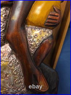 Wood Black FOLK ART Hand Carved Woman Child 22 1/2 Wood & Metal Plaque