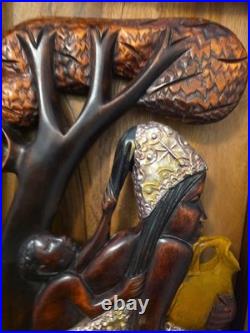 Wood Black FOLK ART Hand Carved Woman Child 22 1/2 Wood & Metal Plaque