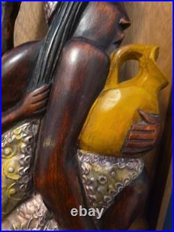 Wood Black FOLK ART Hand Carved Woman Child 22 1/2 Wood & Metal Plaque