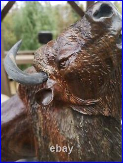 Wood Carved American Bison Large Heavy Bison Carving Art SIZE 9.25Kg / 46x38cm