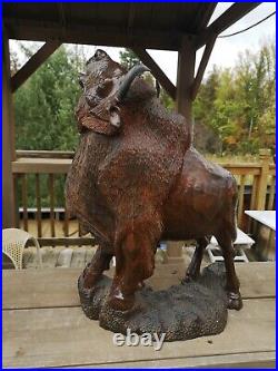 Wood Carved American Bison Large Heavy Bison Carving Art SIZE 9.25Kg / 46x38cm