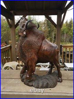 Wood Carved American Bison Large Heavy Bison Carving Art SIZE 9.25Kg / 46x38cm