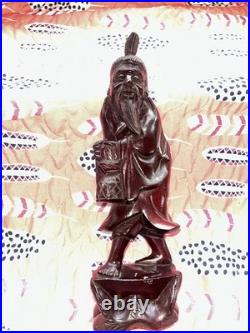 Wood Carved Asian Man Sculpture Vintage Happy