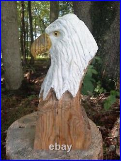 Wood Carved Bald Eagle Bust Head Sculpture Art Chainsaw Carving Folk Art
