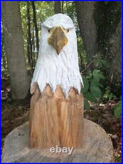 Wood Carved Bald Eagle Bust Head Sculpture Art Chainsaw Carving Folk Art