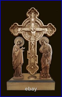 Wood Carved Calvary with circle 21.65. Jesus Christ. St Mary. John the Apostle