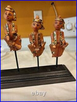 Wood Carved Hand Made Sculptured Asian Indian Drummers Standing on Poles Design