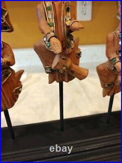 Wood Carved Hand Made Sculptured Asian Indian Drummers Standing on Poles Design