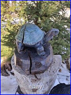 Wood Carved Tortoise Turtle Chainsaw Carving Statue Sculpture Rustic Decor