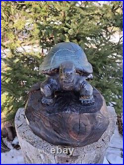 Wood Carved Tortoise Turtle Chainsaw Carving Statue Sculpture Rustic Decor