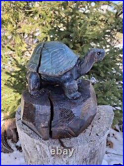 Wood Carved Tortoise Turtle Chainsaw Carving Statue Sculpture Rustic Decor