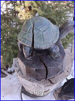 Wood Carved Tortoise Turtle Chainsaw Carving Statue Sculpture Rustic Decor