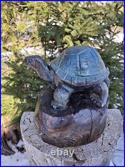 Wood Carved Tortoise Turtle Chainsaw Carving Statue Sculpture Rustic Decor