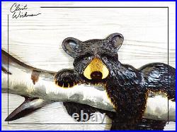 Wood Carving BLACK BEAR CUB Laying on BIRCH Wall Art Hand Carved chainsaw cabin
