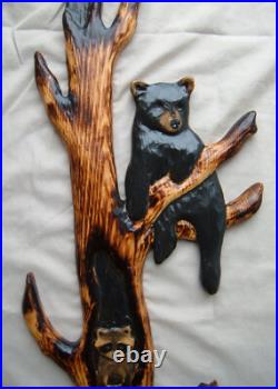 Wood Carving RACCOON & 2 BLACK BEAR Chainsaw Cabin Decor Wall Art Carved cub