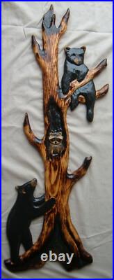 Wood Carving RACCOON & 2 BLACK BEAR Chainsaw Cabin Decor Wall Art Carved cub