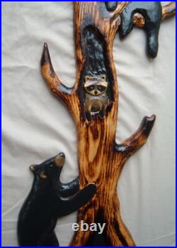 Wood Carving RACCOON & 2 BLACK BEAR Chainsaw Cabin Decor Wall Art Carved cub