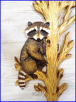 Wood Carving RACCOON in TREE Wall Art Hand Carved cabin decor chainsaw