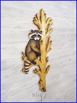 Wood Carving RACCOON in TREE Wall Art Hand Carved cabin decor chainsaw