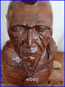 Wood Carving Western Bust Sculpture 14 Native American & Bisons, artist signed