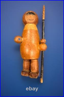 Wood Figurine Eskimo Rare Arne Tjomsland Eskimo Wood Figurine With Spear, Norway
