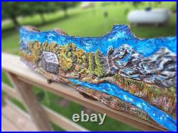 Wood Landscape Relief Carving Peaceful Tranquility Artwork