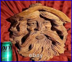 Wood Spirit Carving Face Mountain Man Sculpture Folk Art Crotch Of Cherry Tree