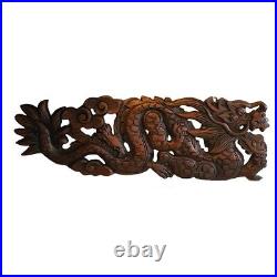 Wood Wall Hanging Two Dragons Chinese Art Thai Artisan Hand Carving Home Decor