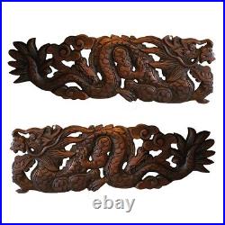 Wood Wall Hanging Two Dragons Chinese Art Thai Artisan Hand Carving Home Decor