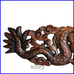 Wood Wall Hanging Two Dragons Chinese Art Thai Artisan Hand Carving Home Decor