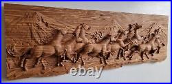 Wood carved picture, Horses, Mustangs, 3D decoration, Wall decoration plaque