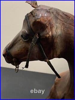 Wood & leather horse sculpture. Vintage. Carving. 17 3/4 x 20 3/4 x 5 1/2 Inches