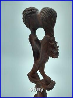 Wooden Abstract Kissing Couple Sculpture Carved by Alicia Fernandez Pomares Cuba