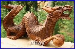 Wooden Hand Carved Crawling Dragon Sculpture Statue Wood Decor Figurine Handmade