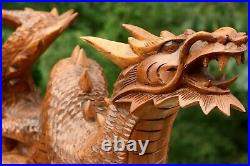Wooden Hand Carved Crawling Dragon Sculpture Statue Wood Decor Figurine Handmade