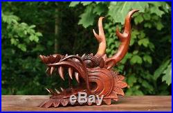Wooden Hand Carved Dragon Head Statue Sculpture Figurine Handcrafted Handmade