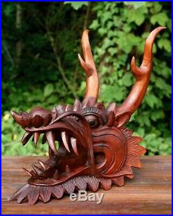 Wooden Hand Carved Dragon Head Statue Sculpture Figurine Handcrafted Handmade
