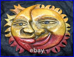 Wooden Sun & Moon Wall Art Plaque Ornament Sculpture Hand Carved & Hand Painted