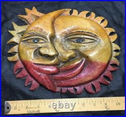 Wooden Sun & Moon Wall Art Plaque Ornament Sculpture Hand Carved & Hand Painted