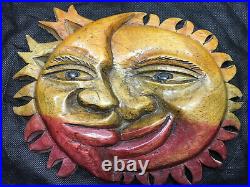 Wooden Sun & Moon Wall Art Plaque Ornament Sculpture Hand Carved & Hand Painted