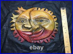 Wooden Sun & Moon Wall Art Plaque Ornament Sculpture Hand Carved & Hand Painted