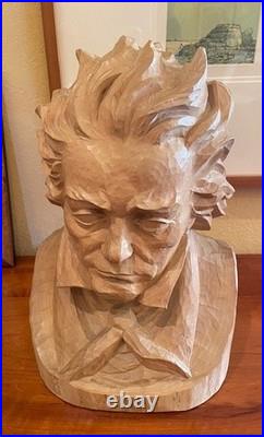 X Large Vintage 1952 Oberammergau Germany Beethoven Bust Wood Carving Heinzeller
