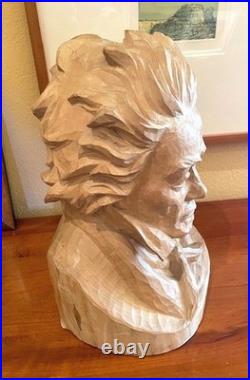 X Large Vintage 1952 Oberammergau Germany Beethoven Bust Wood Carving Heinzeller